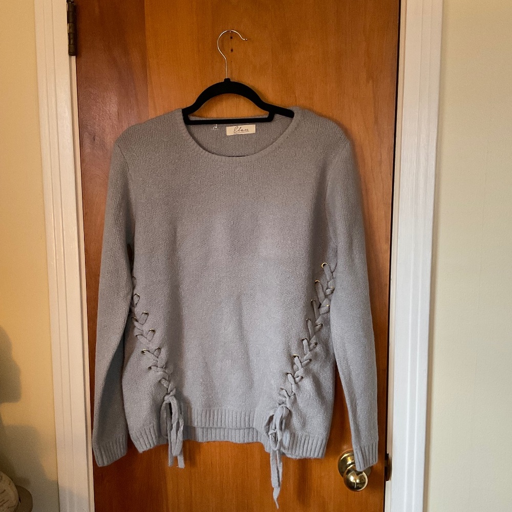Elan Lace Up Sides Gray Sweater Sz M Long Sleeve Knit